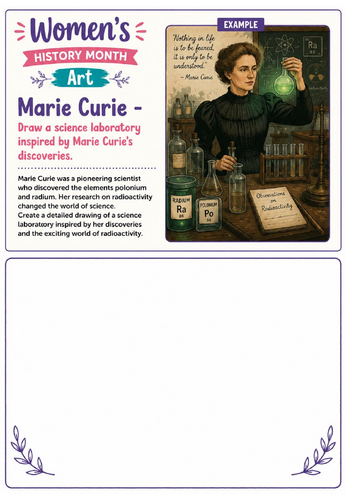 Women's History Month Art: Marie Curie Science Laboratory Drawing Challenge Worksheet