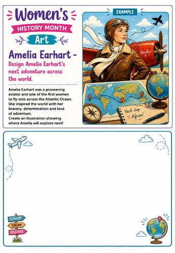 Women's History Month Art: Amelia Earhart Adventure Drawing Challenge Worksheet