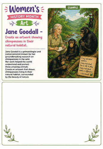 Women's History Month Art: Jane Goodall Wildlife Drawing Challenge Worksheet