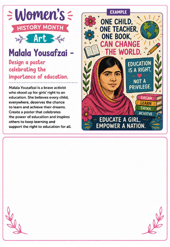 Women's History Month Art: Malala Yousafzai Education Poster Drawing Challenge Worksheet