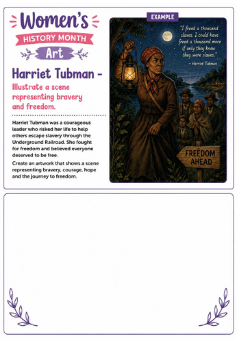 Women's History Month Art: Harriet Tubman Bravery & Freedom Drawing Challenge Worksheet
