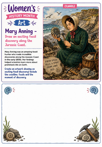 Women's History Month Art: Mary Anning Fossil Discovery Drawing Challenge Worksheet
