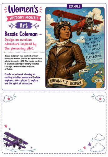 Women's History Month Art: Bessie Coleman Aviation Adventure Drawing Challenge Worksheet