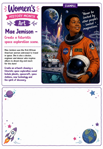 Women's History Month Art: Mae Jemison Space Exploration Drawing Challenge Worksheet