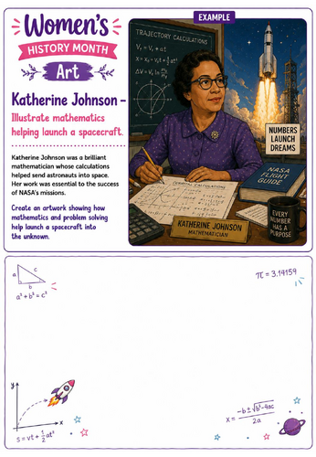 Women's History Month Art: Katherine Johnson Mathematics & Space Drawing Challenge Worksheet