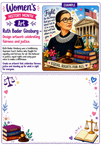 Women's History Month Art: Ruth Bader Ginsburg Justice Drawing Challenge Worksheet