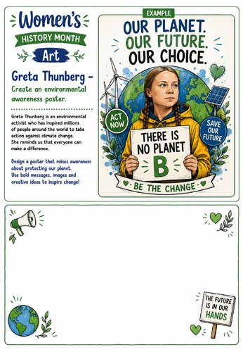 Women's History Month Art: Greta Thunberg Environmental Poster Drawing Challenge Worksheet