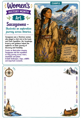 Women's History Month Art: Sacagawea Exploration Journey Drawing Challenge Worksheet