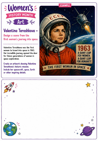 Women's History Month Art: Valentina Tereshkova Space Mission Drawing Challenge Worksheet