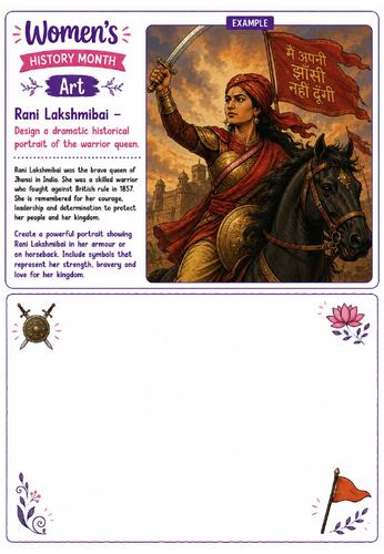 Women's History Month Art: Rani Lakshmibai Warrior Queen Portrait Drawing Challenge Worksheet