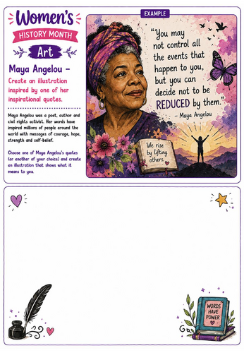 Women's History Month Art: Maya Angelou Inspirational Quote Drawing Challenge Worksheet