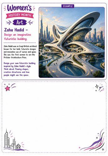 Women's History Month Art: Zaha Hadid Futuristic Architecture Drawing Challenge Worksheet