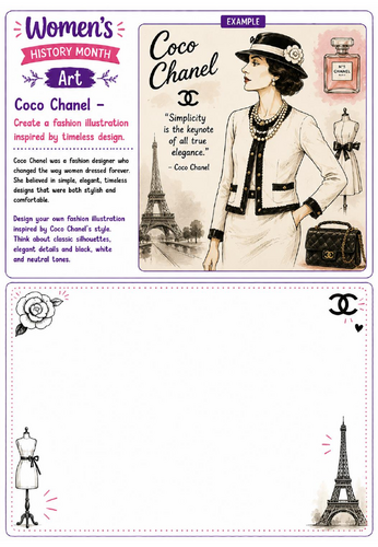 Women's History Month Art: Coco Chanel Fashion Illustration Drawing Challenge Worksheet
