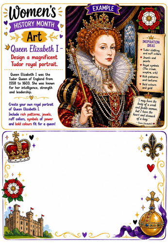 Women's History Month Art: Queen Elizabeth I Tudor Portrait Drawing Challenge Worksheet