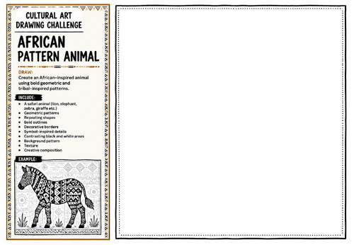 African Pattern Animal Art Worksheet | Cultural Art Drawing Challenge | KS2 KS3 African Pattern Desi