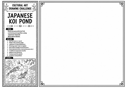 Japanese Koi Pond Art Worksheet | Cultural Art Drawing Challenge | KS2 KS3 Japanese Inspired Drawing