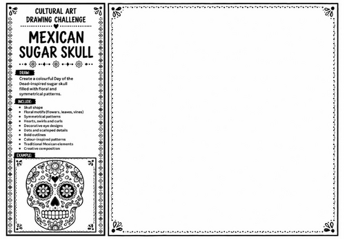 Mexican Sugar Skull Art Worksheet | Day of the Dead Cultural Drawing Challenge | KS2 KS3 Art Activit