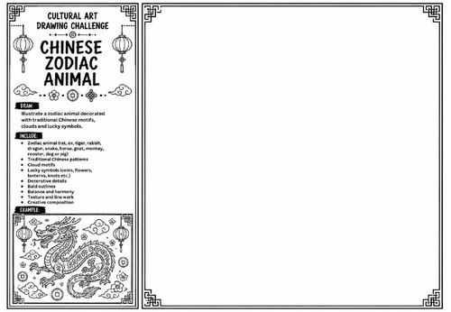 Chinese Zodiac Animal Art Worksheet | Cultural Art Drawing Challenge | KS2 KS3 Chinese Inspired Acti