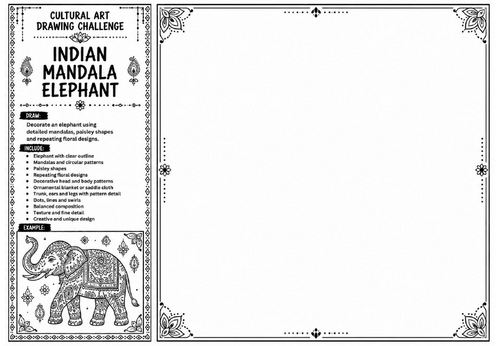 Indian Mandala Elephant Art Worksheet | Cultural Art Drawing Challenge | KS2 KS3 Pattern Design Acti