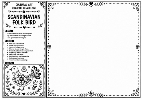 Scandinavian Folk Bird Art Worksheet | Cultural Art Drawing Challenge | KS2 KS3 Nordic Folk Art Acti