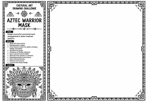 Aztec Warrior Mask Art Worksheet | Cultural Art Drawing Challenge | KS2 KS3 Ancient Civilisations Ac