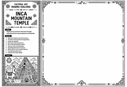 Inca Mountain Temple Art Worksheet | Cultural Art Drawing Challenge | KS2 KS3 Ancient Civilisations