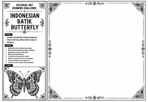 Indonesian Batik Butterfly Art Worksheet | Cultural Art Drawing Challenge | KS2 KS3 Pattern Design A