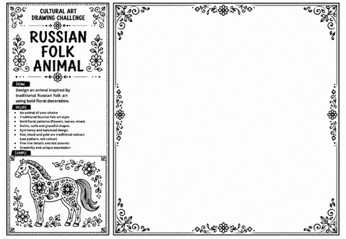 Russian Folk Animal Art Worksheet | Cultural Art Drawing Challenge | KS2 KS3 Folk Art Activity