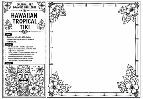 Hawaiian Tropical Tiki Art Worksheet | Cultural Art Drawing Challenge | KS2 KS3 Island Art Activity