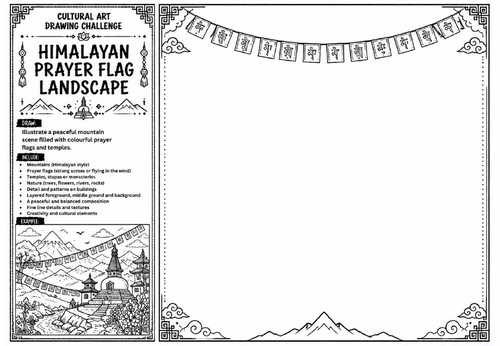Himalayan Prayer Flag Landscape Art Worksheet | Cultural Art Drawing Challenge | KS2 KS3 Landscape D