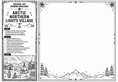 Arctic Northern Lights Village Art Worksheet | Cultural Art Drawing Challenge | KS2 KS3 Winter Lands