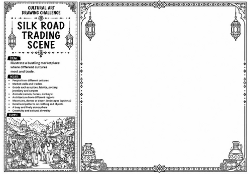 Silk Road Trading Scene Art Worksheet | Cultural Art Drawing Challenge | KS2 KS3 History & Art Activ