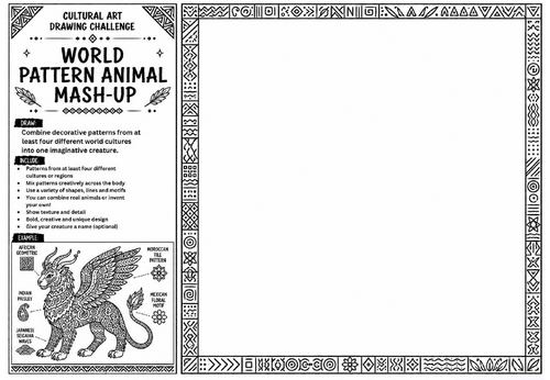 World Pattern Animal Mash-Up Art Worksheet | Cultural Art Drawing Challenge | KS2 KS3 Pattern Design