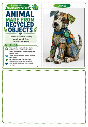 Recycled Animal Art Worksheet | Earth Day Creative Drawing Challenge | KS2 KS3 KS4