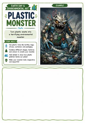 Plastic Monster Environmental Art Worksheet | Earth Day Drawing Challenge | KS2 KS3 KS4