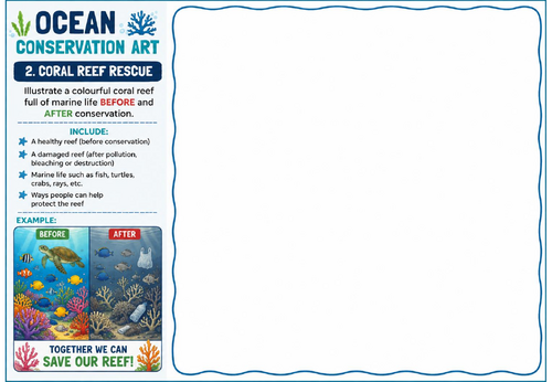 Ocean Conservation Art – Coral Reef Rescue Before & After Drawing Worksheet | KS2 KS3