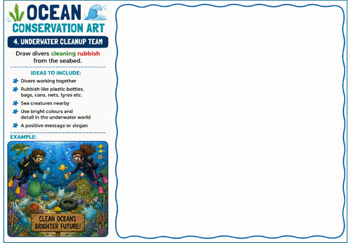 Ocean Conservation Art – Underwater Cleanup Team Drawing Worksheet | KS2 KS3 Cover Lesson