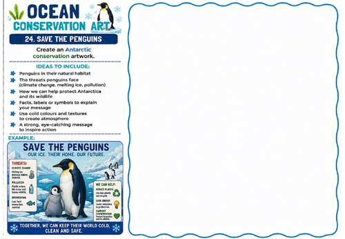 Ocean Conservation Art – Save the Penguins Antarctic Conservation Worksheet | KS2 KS3