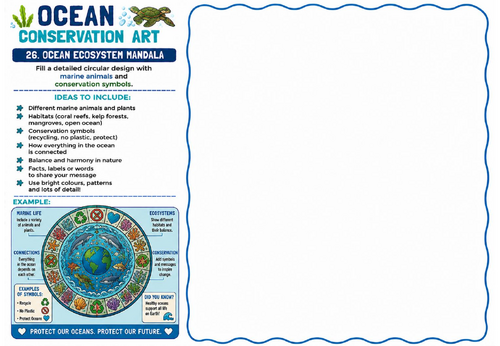 Ocean Conservation Art – Ocean Ecosystem Mandala Drawing Worksheet | KS2 KS3 Mindful Art