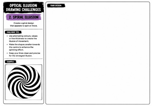 Spiral Illusion Drawing Challenge Worksheet | KS2 KS3 KS4 Art | Optical Illusion & Pattern Design
