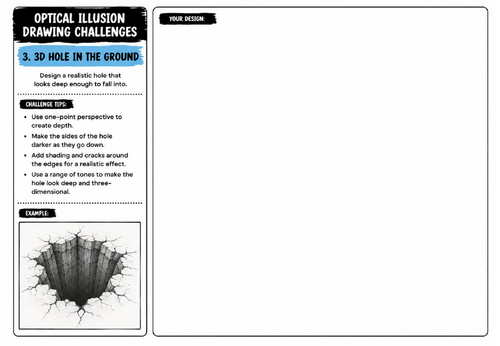 3D Hole in the Ground Drawing Challenge Worksheet | KS2 KS3 KS4 Art | Perspective & Shading