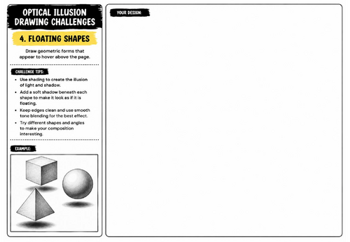 Floating Shapes Optical Illusion Worksheet | KS2 KS3 KS4 Art | 3D Form & Shading Challenge