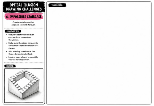Impossible Staircase Drawing Challenge Worksheet | KS2 KS3 KS4 Art | Optical Illusion Perspective