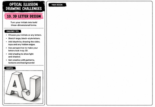 3D Letter Design Drawing Challenge Worksheet | KS2 KS3 KS4 Art | Typography & Perspective