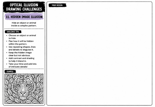 Hidden Image Optical Illusion Drawing Challenge Worksheet | KS2 KS3 KS4 Art | Pattern & Visual Perce