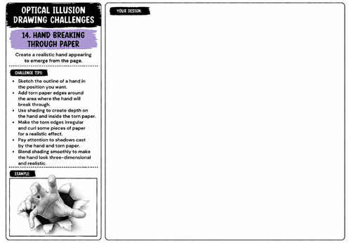 Hand Breaking Through Paper Drawing Challenge Worksheet | KS2 KS3 KS4 Art | 3D Illusion Drawing