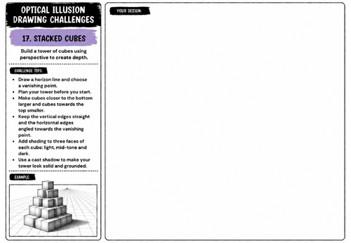 Stacked Cubes Drawing Challenge Worksheet | KS2 KS3 KS4 Art | Perspective & 3D Construction