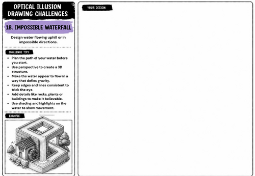 Impossible Waterfall Optical Illusion Worksheet | KS2 KS3 KS4 Art | Perspective Drawing Challenge