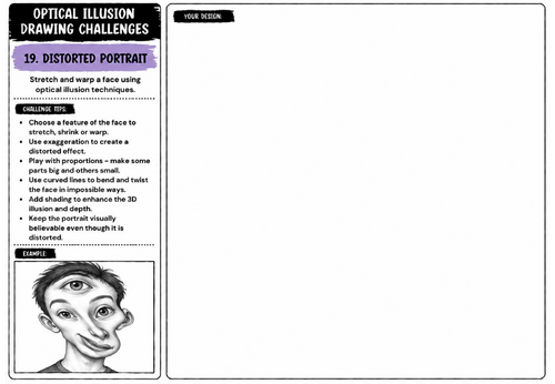 Distorted Portrait Optical Illusion Worksheet | KS2 KS3 KS4 Art | Portrait Drawing Challenge