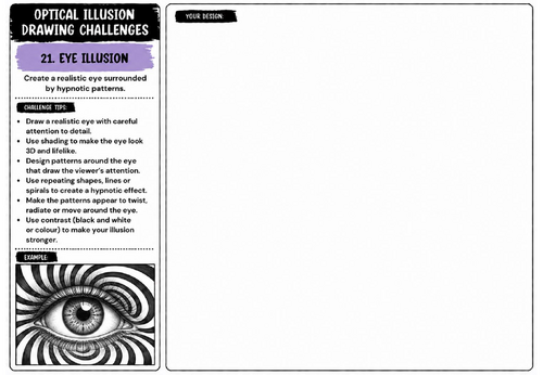 Eye Optical Illusion Drawing Challenge Worksheet | KS2 KS3 KS4 Art | Realistic Eye & Pattern Design